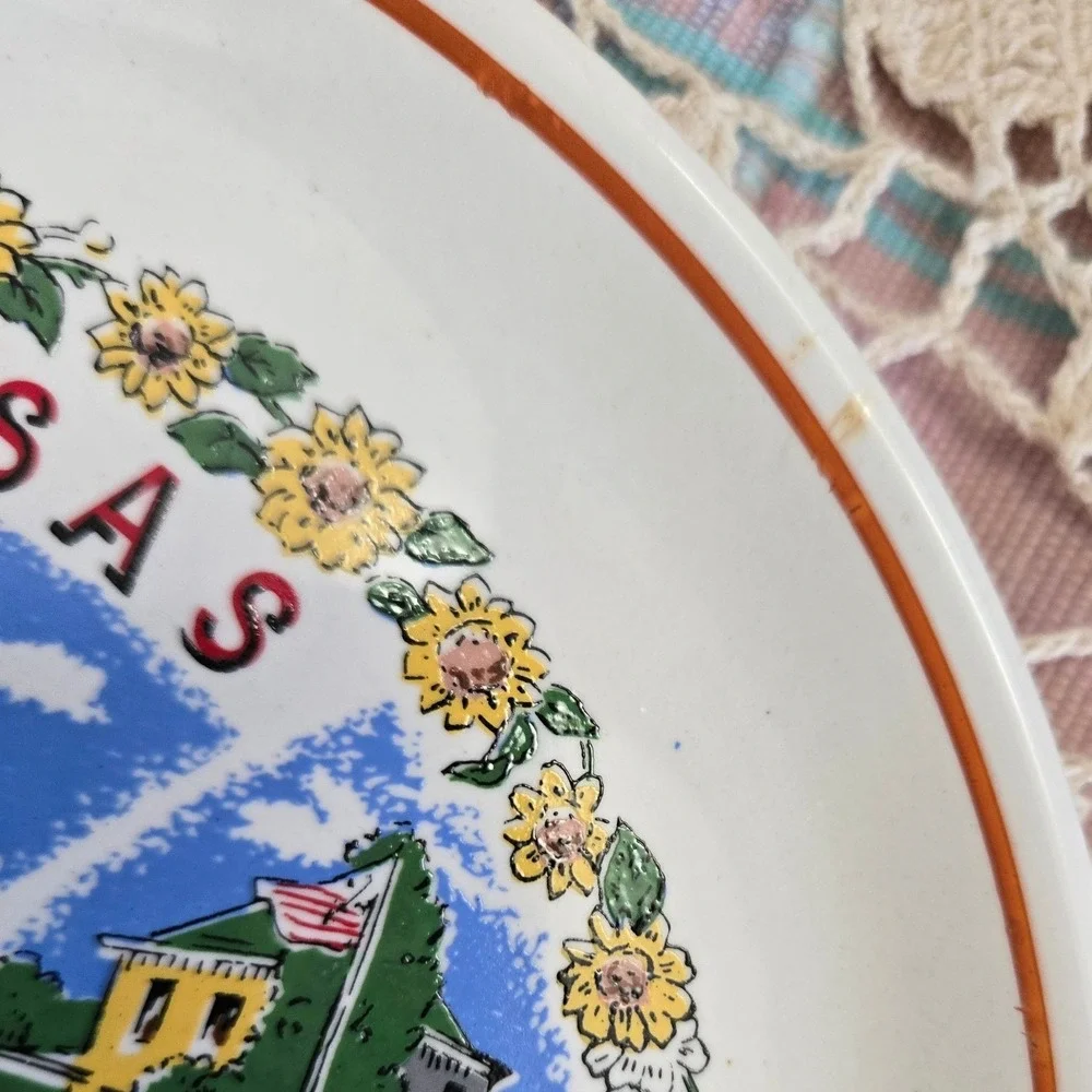 Kansas Souvenir Plate The Sunflower State White Vintage Landmarks